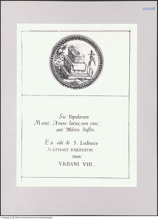 Vorderseite von Biblioteca Apostolica Vaticana [https://www.deutsche-digitale-bibliothek.de/content/lizenzen/rv-ez/] Impresenbuch für Papst Urban VIII.Imprese mit der Bundeslade und dem Schwert des Goliath - , bh589343_recto. Foto.