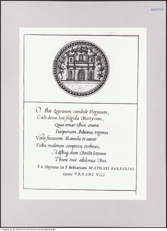 Vorderseite von Biblioteca Apostolica Vaticana [https://www.deutsche-digitale-bibliothek.de/content/lizenzen/rv-ez/] Impresenbuch für Papst Urban VIII.Imprese mit der Fassade von Santa Bibiana - , bh589345_recto. Foto.