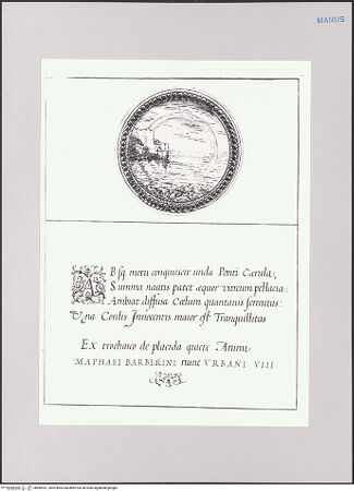 Vorderseite von Biblioteca Apostolica Vaticana [https://www.deutsche-digitale-bibliothek.de/content/lizenzen/rv-ez/] Impresenbuch für Papst Urban VIII.Imprese mit einem Regenbogen an einer Küste - , bh589347_recto. Foto.