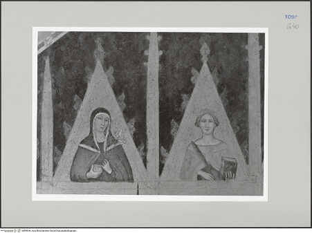 Vorderseite von Sigismondi, Roberto [https://rightsstatements.org/page/CNE/1.0/] Madonna umgeben von Heiligen - Giebelzone links, Detail: Zwei weibliche Heilige, bh589646_recto. Foto: Sigismondi, Roberto.