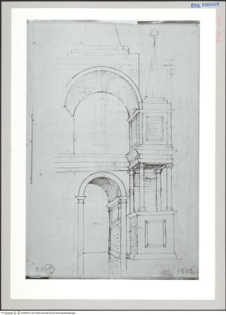 Vorderseite von Sopr BAS FI [http://creativecommons.org/publicdomain/mark/1.0/] Rom, Arco di Malborghetto, Rekonstruktionszeichnung des Quadrifrons - , bh589678_recto. Foto.