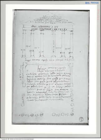 Vorderseite von Sopr BAS FI [http://creativecommons.org/publicdomain/mark/1.0/] Rom, Tempel des Antoninus und der Faustina, Grundriss des Pronaos und Aufriß der Tempelfront; detaillierte Maßangaben - , bh589682_recto. Foto.