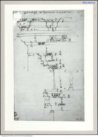 Vorderseite von Sopr BAS FI [http://creativecommons.org/publicdomain/mark/1.0/] Rom, Tempio del Sole, Profil und Aufriss des Gebälks; Maßangaben - , bh589692_recto. Foto.