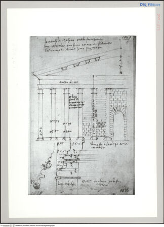 Vorderseite von Sopr BAS FI [http://creativecommons.org/publicdomain/mark/1.0/] Rom, Tempio del Sole, Teilaufriss der Front; Säulenbasen im Profil; Beischriften, Maße - , bh589695_recto. Foto.