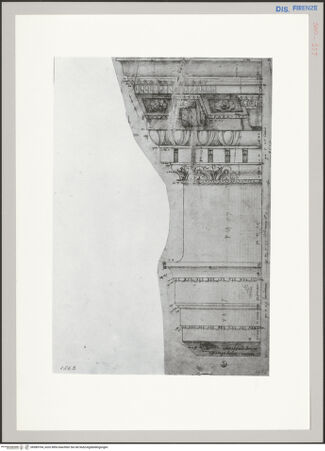 Vorderseite von Sopr BAS FI [http://creativecommons.org/publicdomain/mark/1.0/] Rom, Forum des Cäsar, Tempel der Venus Genitrix, Aufriss des Gesimses in isometrischer Darstellung und Maßangaben - , bh589704_recto. Foto.