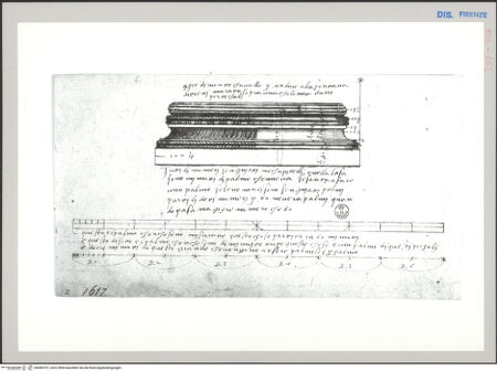 Vorderseite von Sopr BAS FI [http://creativecommons.org/publicdomain/mark/1.0/] Aufriss einer Basis in der Nähe des Quirinals mit Maßangaben - , bh589707_recto. Foto.