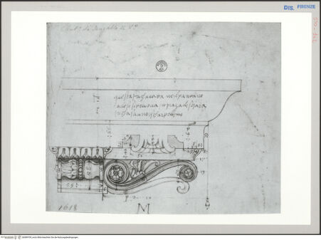 Vorderseite von Sopr BAS FI [http://creativecommons.org/publicdomain/mark/1.0/] Rom, Tempel des Mars Ultor, Aufriss des Konsolgesimses in Vorder- und Seitenansicht; Maßangaben - , bh589709_recto. Foto.