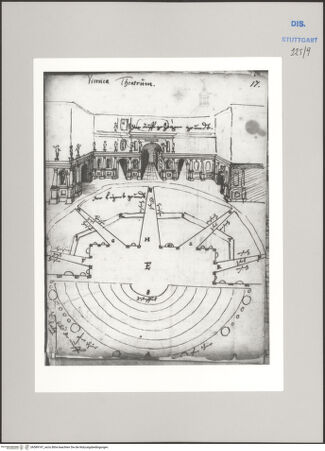 Vorderseite von Württembergische Landesbibliothek Stuttgart [https://www.deutsche-digitale-bibliothek.de/content/lizenzen/rv-ez/] Reiseaufzeichnungen"Raiss in Itaia"Vicenza: Teatro Olimpico, perspektivischer Aufriss und Grundriss - , bh589747_recto. Foto.