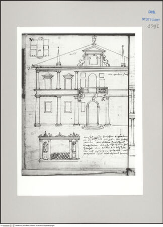 Vorderseite von Württembergische Landesbibliothek Stuttgart [https://www.deutsche-digitale-bibliothek.de/content/lizenzen/rv-ez/] Reiseaufzeichnungen"Raiss in Itaia"Villa an der Brenta, Ansicht, Grundriss; Gartenmauer - , bh589755_recto. Foto.