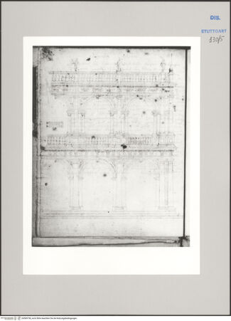 Vorderseite von Württembergische Landesbibliothek Stuttgart [https://www.deutsche-digitale-bibliothek.de/content/lizenzen/rv-ez/] Reiseaufzeichnungen"Raiss in Itaia"Libreria di San Marco, Teilansicht der Front mit Grundriss der oberen Pilaster - Durchdruck auf der Rückseite - , bh589758_recto. Foto.