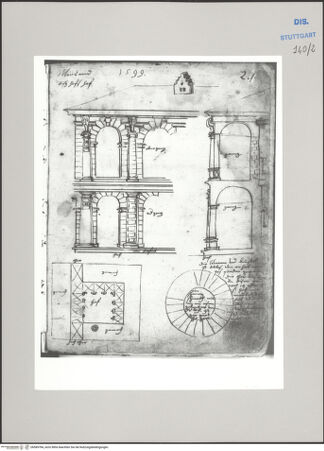 Vorderseite von Württembergische Landesbibliothek Stuttgart [https://www.deutsche-digitale-bibliothek.de/content/lizenzen/rv-ez/] ReiseaufzeichnungenTagebuch der Romreise ("Zwaite Raise")Mailand: Palazzo Arcivescovile, Aufriss, Schnitt, Grundriss des Innenhofes - , bh589784_recto. Foto.
