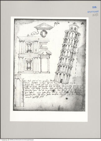 Vorderseite von Württembergische Landesbibliothek Stuttgart [https://www.deutsche-digitale-bibliothek.de/content/lizenzen/rv-ez/] ReiseaufzeichnungenTagebuch der Romreise ("Zwaite Raise")Pisa: Santo Stefano dei Cavalieri, Ansicht der Fassade; Schiefer Turm, Ansicht und Schnitt - , bh589800_recto. Foto.