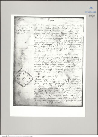 Vorderseite von Württembergische Landesbibliothek Stuttgart [https://www.deutsche-digitale-bibliothek.de/content/lizenzen/rv-ez/] ReiseaufzeichnungenTagebuch der Romreise ("Zwaite Raise")Rom: Fontana del Moro, Grundriss - , bh589807_recto. Foto.