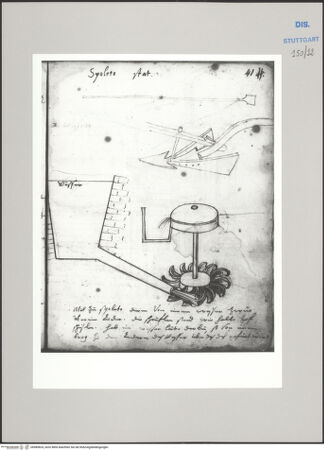 Vorderseite von Württembergische Landesbibliothek Stuttgart [https://www.deutsche-digitale-bibliothek.de/content/lizenzen/rv-ez/] ReiseaufzeichnungenTagebuch der Romreise ("Zwaite Raise")Spoleto: Wassermühle (liegendes Wasserrad); Pflug - , bh589824_recto. Foto.