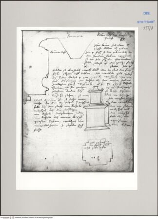 Vorderseite von Württembergische Landesbibliothek Stuttgart [https://www.deutsche-digitale-bibliothek.de/content/lizenzen/rv-ez/] ReiseaufzeichnungenTagebuch der Romreise ("Zwaite Raise")Bologna: Fontana del Nettuno, Grundriss des Beckens und Sockel des Neptun - , bh589835_recto. Foto.