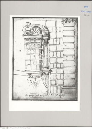 Vorderseite von Württembergische Landesbibliothek Stuttgart [https://www.deutsche-digitale-bibliothek.de/content/lizenzen/rv-ez/] ReiseaufzeichnungenTagebuch der Romreise ("Zwaite Raise")Florenz: Palazzo Nonfinito, Detail eines knienden Fensters im Erdgeschoss - , bh589846_recto. Foto.