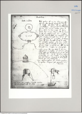 Vorderseite von Württembergische Landesbibliothek Stuttgart [https://www.deutsche-digitale-bibliothek.de/content/lizenzen/rv-ez/] ReiseaufzeichnungenTagebuch der Romreise ("Zwaite Raise")Pratolino di Vaglia: Park der Villa Medici-Demidoff, Grotta di Cupido; Grundriss, Ansicht und Spritzwerk - , bh589847_recto. Foto.