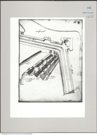 Vorderseite von Württembergische Landesbibliothek Stuttgart [https://www.deutsche-digitale-bibliothek.de/content/lizenzen/rv-ez/] ReiseaufzeichnungenTagebuch der Romreise ("Zwaite Raise")Ferrara: Befestigungsanlagen im Nordwesten - , bh589858_recto. Foto.