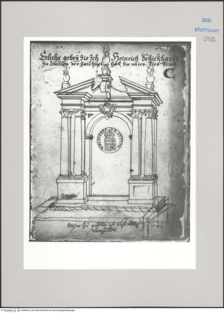 Vorderseite von Württembergische Landesbibliothek Stuttgart [https://www.deutsche-digitale-bibliothek.de/content/lizenzen/rv-ez/] Reiseaufzeichnungen"Etliche Gebey, die Ich Heinrich Schickhardt zu Itallien verzaichnet hab, die mier lieb send"Titelblatt mit Zeichnung der Hochaltar-Ädikula von Santa Giustina in Padua - , bh589870_recto. Foto.