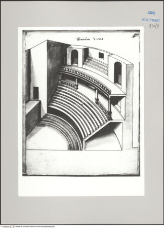 Vorderseite von Württembergische Landesbibliothek Stuttgart [https://www.deutsche-digitale-bibliothek.de/content/lizenzen/rv-ez/] Reiseaufzeichnungen"Etliche Gebey, die Ich Heinrich Schickhardt zu Itallien verzaichnet hab, die mier lieb send"Vicenza: Teatro Olimpico, Zuschauerraum; Schnitt und Ansicht - , bh589878_recto. Foto.