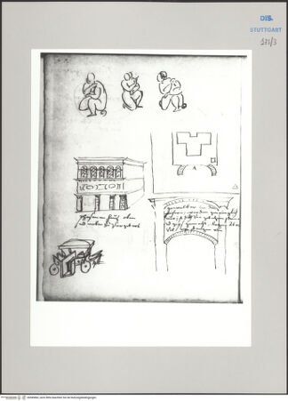 Vorderseite von Württembergische Landesbibliothek Stuttgart [https://www.deutsche-digitale-bibliothek.de/content/lizenzen/rv-ez/] ReiseaufzeichnungenBand DRom: Villa Medici, Venere accovacciata in drei Ansichten; Pratolino di Vaglia: Villa Medici-Demidoff, Treppe, Grundriss; Mantua?: Palazzo; Kutsche - , bh589883_recto. Foto.
