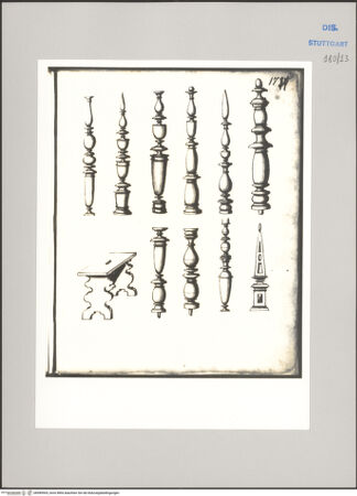 Vorderseite von Württembergische Landesbibliothek Stuttgart [https://www.deutsche-digitale-bibliothek.de/content/lizenzen/rv-ez/] ReiseaufzeichnungenBand DVarianten von Drechslerarbeiten und Schemel - , bh589905_recto. Foto.