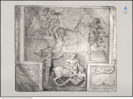 Vorderseite von Nationalmuseum Stockholm [https://rightsstatements.org/page/CNE/1.0/] Blatt mit zwei ZeichnungenHerkules, Nessus und Deianeira. - Ansicht mit angefügter Zeichnung (Priapus und Zentaur) und Teil der Rahmung, bh589945_recto. Foto.