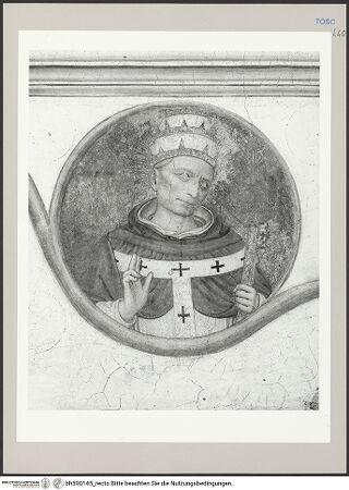 Vorderseite von Sopr. BAS FI [https://www.deutsche-digitale-bibliothek.de/content/lizenzen/rv-ez/] Kreuzigung und HeiligeHeilige und selige Dominikaner - Detail: Seliger Innozenz V., bh590145_recto. Foto.