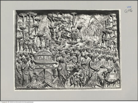 Vorderseite von Alinari [https://www.deutsche-digitale-bibliothek.de/content/lizenzen/rv-ez/] Zwei Szenen aus dem Alten TestamentKönig David tanzt vor der Bundeslade - , bh590429_recto. Foto.