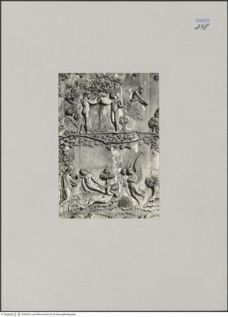 Vorderseite von Foto G. Caroli, Orvieto [https://rightsstatements.org/page/CNE/1.0/] Szenen aus der Heiligen SchriftSechzehn Szenen aus dem Alten Testament - Erschaffung Evas, Sündenfall, bh590765_recto. Foto.