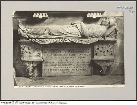 Vorderseite von Alinari [https://www.deutsche-digitale-bibliothek.de/content/lizenzen/rv-ez/] Fragment des Grabmals des Juristen Pietro Mellini (gest. 1483) - Liegefigur und Sarkophag, bh590989_recto. Foto.