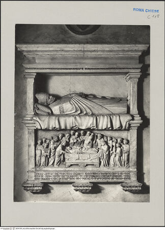 Vorderseite von Anderson? [https://www.deutsche-digitale-bibliothek.de/content/lizenzen/rv-fz/] Grabmal des Kardinals Filippo D'Alencon - Unteres Geschoß mit dem Marientod-Relief und oberes Geschoß mit dem Gisanten, bh591004_recto. Foto.