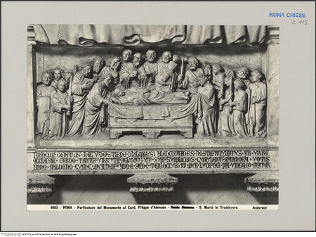 Vorderseite von Alinari [https://www.deutsche-digitale-bibliothek.de/content/lizenzen/rv-fz/] Grabmal des Kardinals Filippo D'Alencon - Detail: Unteres Geschoß mit dem Marientod-Relief und Inschrift, bh591005_recto. Foto.