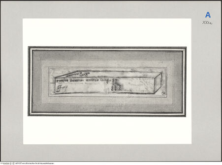 Vorderseite von Réunion des Musées Nationaux [https://www.deutsche-digitale-bibliothek.de/content/lizenzen/rv-ez/] Skizze eines Marmorblocks in Form eines Parallelepipedes für das Grab Julius II. - , bh591057_recto. Foto: Ojeda, R. G..