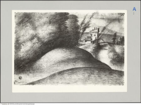 Vorderseite von Soprintendenza, Gabinetto Fotografico [https://www.deutsche-digitale-bibliothek.de/content/lizenzen/rv-ez/] Flusslandschaft mit bewaldetem Hügel und befestigter Stadt mit Zugbrücke - , bh591065_recto. Foto.