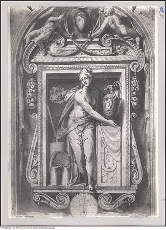 Vorderseite von Sopr. BAS FI [https://www.deutsche-digitale-bibliothek.de/content/lizenzen/rv-fz/] Entwurf eines gemalten Frontispiz oder Supraporte mit allegorischer weiblicher Figur - , bh591283_recto. Foto.