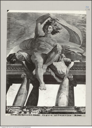 Vorderseite von Croci [https://rightsstatements.org/page/CNE/1.0/] Abenteuer des Odysseus und IgnudiIgnudo (zwischen der Szene Aiolos und Odysseus und der Szene Neptun und das Schiff des Odysseus) - Gesamtansicht, bh591312_recto. Foto.