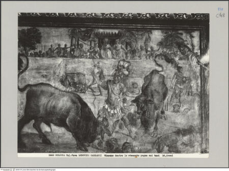 Vorderseite von Croci [https://rightsstatements.org/page/CNE/1.0/] Die ArgonautensageJason jocht die wilden Stiere ein und säht Drachenzähne aus - Gesamtansicht, bh591319_recto. Foto.