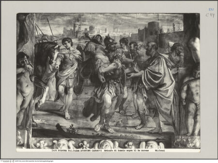 Vorderseite von Croci [https://www.deutsche-digitale-bibliothek.de/content/lizenzen/rv-ez/] Die Geschichte von Romulus und RemusRomulus bringt die Rüstung des Acron als Spolia optima dem Jupiter Feretrius dar - Gesamtansicht, bh591324_recto. Foto.