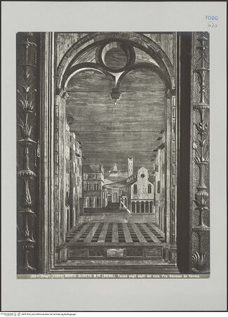 Vorderseite von Alinari [https://rightsstatements.org/page/CNE/1.0/] ChorgestühlZentralperspektivische Stadtansicht (Verona?) - , bh591655_recto. Foto.