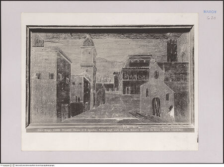 Vorderseite von Alinari [https://www.deutsche-digitale-bibliothek.de/content/lizenzen/rv-ez/] Chorgestühl mit intarsierten Stadtansichten, Vasen und KandelabermotivenAnsicht einer italienischen Stadt mit Palästen und einer Kirche längs einer Straße, die zu einer Platzanlage führt - , bh591685_recto. Foto.