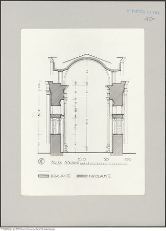 Vorderseite von Bibliotheca Hertziana [https://www.deutsche-digitale-bibliothek.de/content/lizenzen/rv-fz/] Moderne Rekonstruktions-Maßzeichnungen diverser Entwürfe für den Neubau des Petersdoms - Bramante-Chor, Querschnitt, bh592705_recto. Foto.