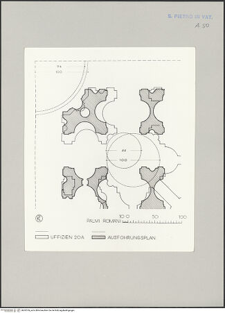 Vorderseite von Bibliotheca Hertziana [https://www.deutsche-digitale-bibliothek.de/content/lizenzen/rv-fz/] Moderne Rekonstruktions-Maßzeichnungen diverser Entwürfe für den Neubau des Petersdoms - Uff. 20 A und Ausführungsplan, Pfeiler und Nebenkuppeln, bh592706_recto. Foto.