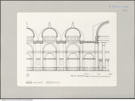 Vorderseite von Bibliotheca Hertziana [https://www.deutsche-digitale-bibliothek.de/content/lizenzen/rv-fz/] Moderne Rekonstruktions-Maßzeichnungen diverser Entwürfe für den Neubau des Petersdoms - Ausführungsplan, Längsschnitt des südlichen Seitenschiffes, nach Süden, bh592708_recto. Foto.