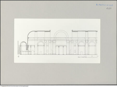 Vorderseite von Bibliotheca Hertziana [https://www.deutsche-digitale-bibliothek.de/content/lizenzen/rv-fz/] Moderne Rekonstruktions-Maßzeichnungen diverser Entwürfe für den Neubau des Petersdoms - Uff. 20 A, Längsschnitt, bh592709_recto. Foto.