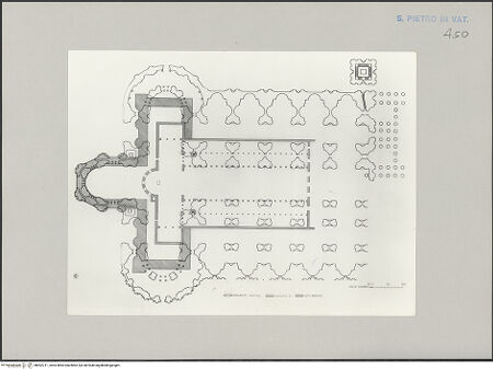 Vorderseite von Bibliotheca Hertziana [https://www.deutsche-digitale-bibliothek.de/content/lizenzen/rv-fz/] Moderne Rekonstruktions-Maßzeichnungen diverser Entwürfe für den Neubau des Petersdoms - Ausführungsplan, Grundriss mit Alter Basilika, bh592711_recto. Foto.