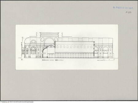 Vorderseite von Bibliotheca Hertziana [https://www.deutsche-digitale-bibliothek.de/content/lizenzen/rv-fz/] Moderne Rekonstruktions-Maßzeichnungen diverser Entwürfe für den Neubau des Petersdoms - Ausführungsplan, Längsschnitt mit Alter Basilika, Blick nach Norden, bh592712_recto. Foto.