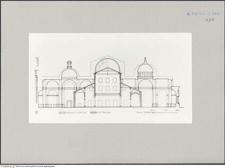 Vorderseite von Bibliotheca Hertziana [https://www.deutsche-digitale-bibliothek.de/content/lizenzen/rv-fz/] Moderne Rekonstruktions-Maßzeichnungen diverser Entwürfe für den Neubau des Petersdoms - Ausführungsplan, Querschnitt des Langhauses mit Alter Basilika, Blick nach Osten, bh592713_recto. Foto.