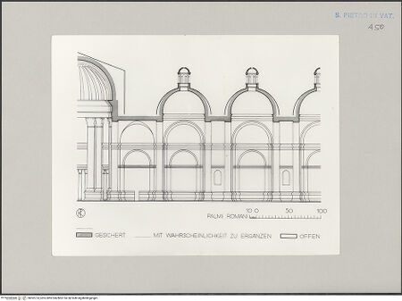Vorderseite von Bibliotheca Hertziana [https://www.deutsche-digitale-bibliothek.de/content/lizenzen/rv-fz/] Moderne Rekonstruktions-Maßzeichnungen diverser Entwürfe für den Neubau des Petersdoms - Ausführungsplan, Längsschnitt des nördlichen Seitenschiffes, Blick nach Norden, bh592714_recto. Foto.
