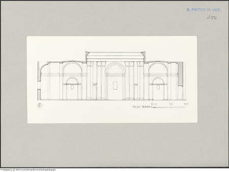Vorderseite von Bibliotheca Hertziana [https://www.deutsche-digitale-bibliothek.de/content/lizenzen/rv-fz/] Moderne Rekonstruktions-Maßzeichnungen diverser Entwürfe für den Neubau des Petersdoms - Querschnitt, bh592715_recto. Foto.